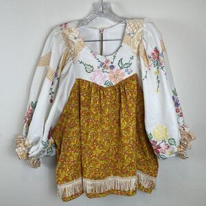 Leila Ray Vintage The Frankie Smock Blouse Fringe Embroidered Artsy Peasant-M